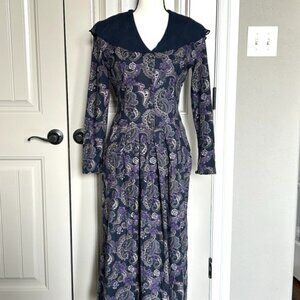 Vtg Laura Ashley Midi Blue Purple Paisley Basque Dress Modest Cottagecore US 8